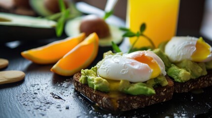  a toast topped with eggs and avocado next to a glass of orange juice and sliced orange wedges.