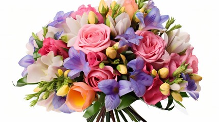 Obraz premium A wedding bouquet of roses and freesia flowers, fresh and luscious, colorful flowers for a present, isolated on a white background