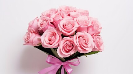 Beautiful, newly-picked pink roses wrapped in paper for a gift, isolated on a white background.