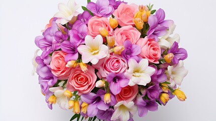 A wedding bouquet of roses and freesia flowers, fresh and luscious, colorful flowers for a present, isolated on a white background