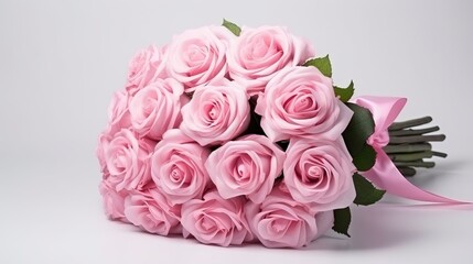 Beautiful, newly-picked pink roses wrapped in paper for a gift, isolated on a white background.