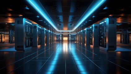 Fototapeta premium A long hallway with a row of servers in the center. Data room. Generative AI