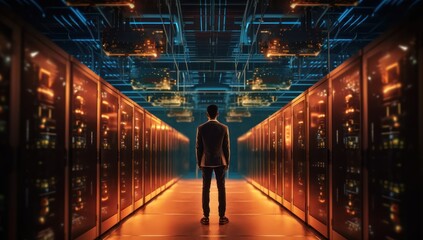 Futuristic Concept: Data Center Chief Technology Officer In Digitalization Lines Streaming Through Servers. Generative AI