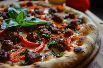  a pizza with meat, peppers, and basil on top of a wooden cutting board with a bottle of wine in the background.