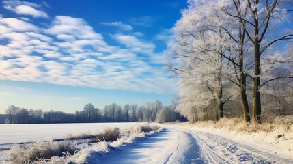 frosty field with a blue sky and fluffy white clouds above a dirt road that leads to a frosted woodland