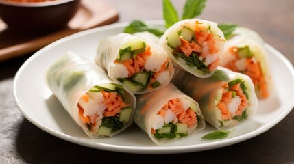  a white plate topped with veggie rolls next to a bowl of carrots and a green leafy garnish.