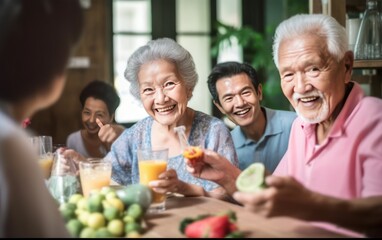 Happy asian family toasting healthy fruit juice. Generative AI