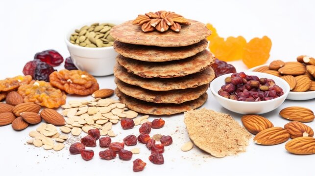 a stack of crackers, nuts, raisins, cranberries, and almonds on a white surface.