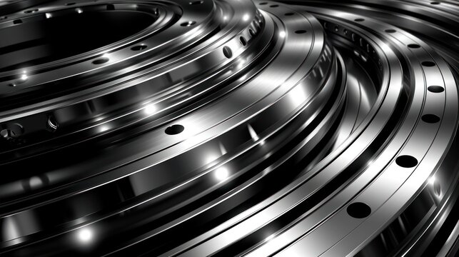  a black and white photo of a bunch of shiny metal parts that look like they are spinning in different directions.