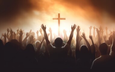 Worship and praise concept: christian people hand rising on sunset background. Generative AI
