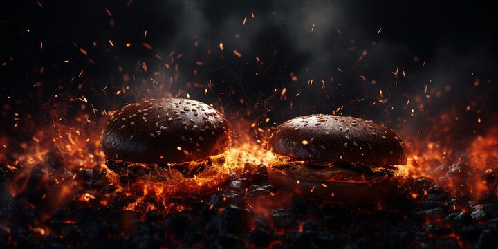 A burger with a fire burning on it with black background