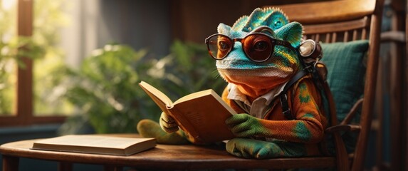 chameleon wearing glasses Sit and read a book comfortably inside the house. - obrazy, fototapety, plakaty