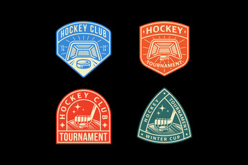 set of hockey badge logos with hockey puck and stick and wicket element design for hockey team and league and champion