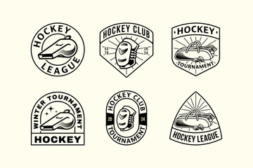 set of hockey outline badge logos with hockey bag and whistle and knee pads element design for hockey team and league and champion