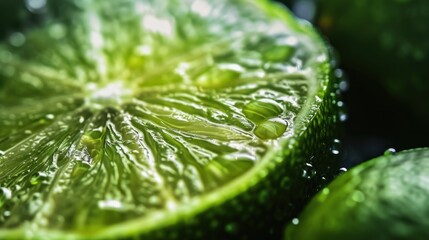  a close up of a lime slice with drops of water on the inside of the slice and on the outside of the slice.