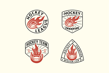 set of hockey outline badge logos with hockey puck and fire shot element design for hockey team and league and champion - obrazy, fototapety, plakaty
