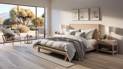 a bed in light colors that is soft and comfortable in an elegant classic bedroom with a beautiful view