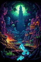 a highly detailed and colorful illustration of a fantastical multi-level structure