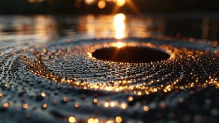  a close up of a water droplet with the sun in the background and water droplets in the foreground.