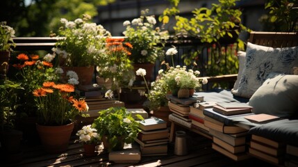 Fototapeta premium book on a beautiful terrace or a cozy balcony full of greenery in summer