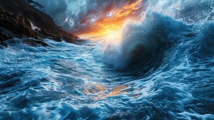  a large wave in the ocean with a sunset in the middle of the ocean and a sky filled with clouds.