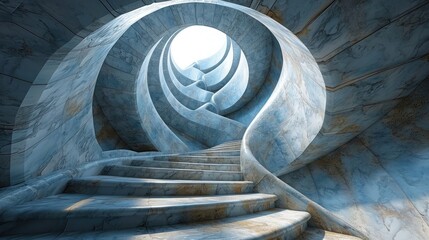 a painting of a spiral staircase leading up to a light at the end of a tunnel with a spiral staircase leading up to a light at the end.