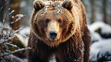 Brown bear on a winter forest walk