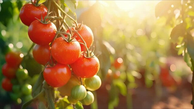 Closeup of a tomato plant with ripe red fruit growing in a community garden plot.