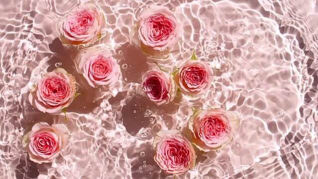 Slow motion of falling roses on water surface and diverging circles of water on pink background. Water splash pink colored. Pure water with reflections sunlight and shadows. Valentines day. 4k