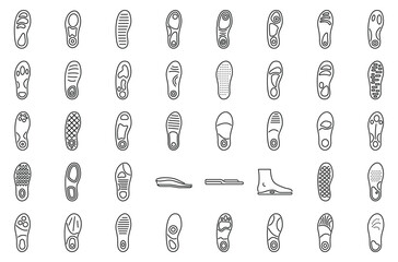Orthopedic insoles icons set outline vector. Footwear insole. Sole support - obrazy, fototapety, plakaty
