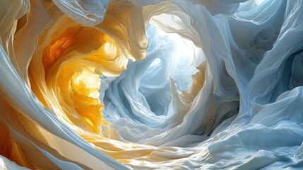  a painting of a yellow and white swirl in the middle of a blue, yellow and white tunnel of ice.