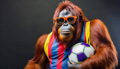 huge orang utan in colorful retro tricot with football soccer on black background - obrazy, fototapety, plakaty