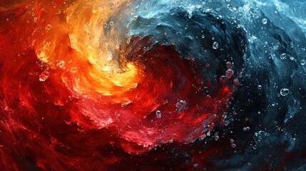  an abstract painting of a red, orange, and blue swirl with drops of water on the bottom of it.