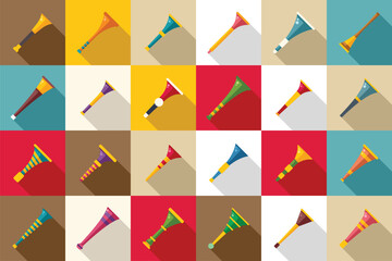 Vuvuzela icons set flat vector. South Africa horn. Football pipe game