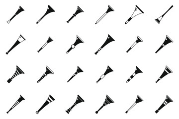 Vuvuzela icons set simple vector. South Africa horn. Football pipe game