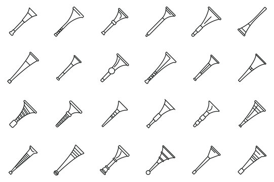 Vuvuzela icons set outline vector. South Africa horn. Football pipe game