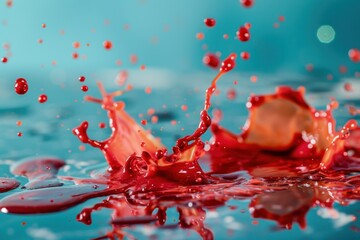  a close up of a red liquid splashing on the surface of a body of water with a blue sky in the background.