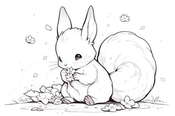  a black and white drawing of a rabbit sitting on the ground with a flower in it's lap and looking at the ground.