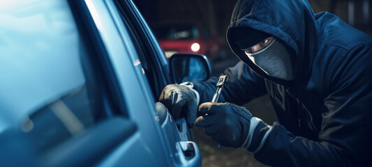 Man burglar, wearing a balaclava or thief breaking into a car lock opens the lock on the door, theft crime criminal case concept, Alarm system, Security system, car insurance - obrazy, fototapety, plakaty