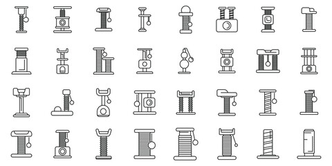 Cats scratching post icons set outline vector. Tower play. House cat animal