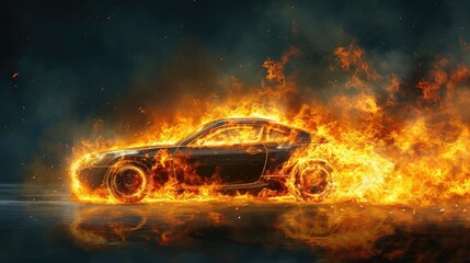 The speeding car was engulfed in flames, AI generated Image
