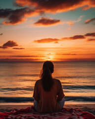 Woman relaxing at the beach of ocean sunset