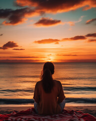 Fototapeta premium Woman relaxing at the beach of ocean sunset