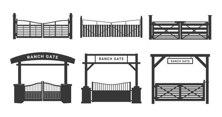 Ranch gate black monochrome minimalist silhouette icon set vector flat illustration - obrazy, fototapety, plakaty