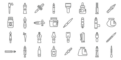 Dip pen tools icons set outline vector. Artwork ink. Accessory supplies