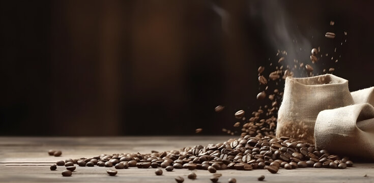 bunch of fresh roasted coffee beans with burlap sack on a wooden table. agriculture and drink concept