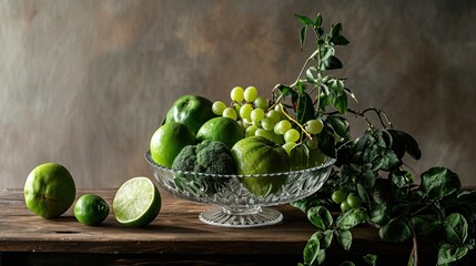  a glass bowl filled with green fruit sitting on top of a wooden table next to a leafy green plant.
