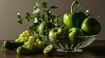  a glass bowl filled with green fruit next to a bunch of grapes and a cucumber on a table.