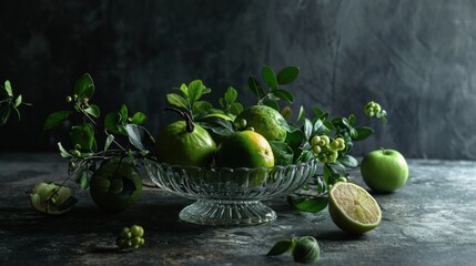 a glass bowl filled with limes and limes on top of a table next to a green leafy plant.