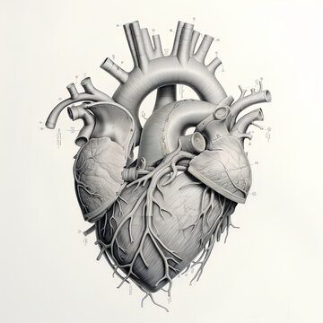 Cardiopulmonary anatomy no shading high details, on white background